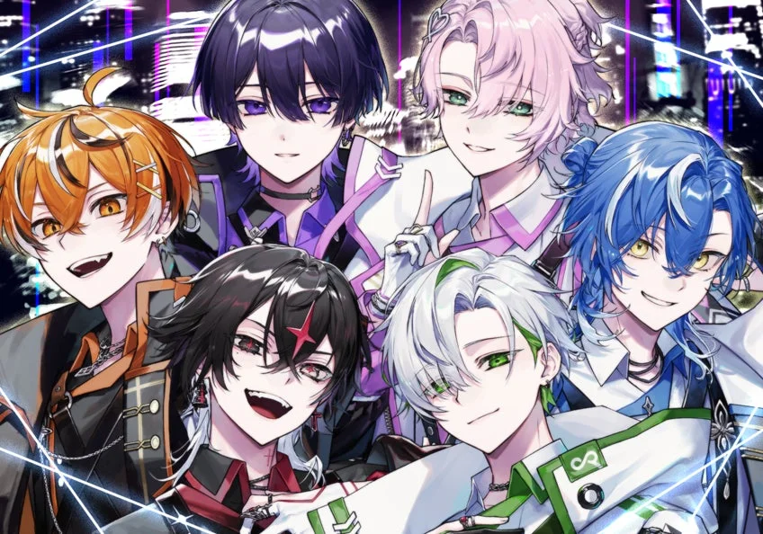 夜の街を背景に、6人の個性豊かな男性キャラクターが笑顔でポーズをとっているアニメスタイルのイラスト