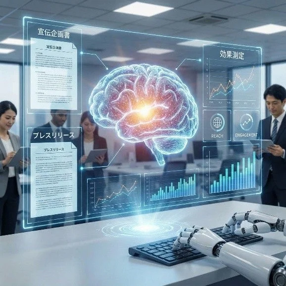 AIによるデータ分析、宣伝企画、プレスリリース作成のイメージ