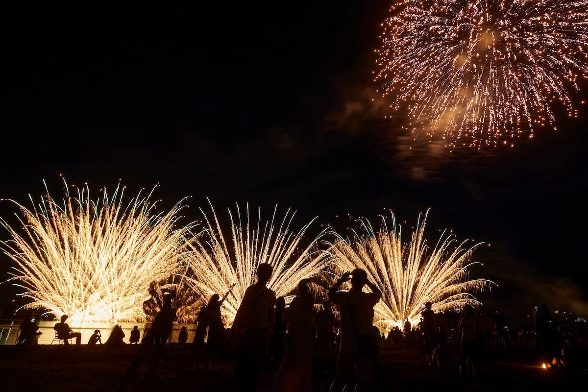 夜空に打ち上げられた色鮮やかな花火を、多くの人々が地上から見上げている様子です。