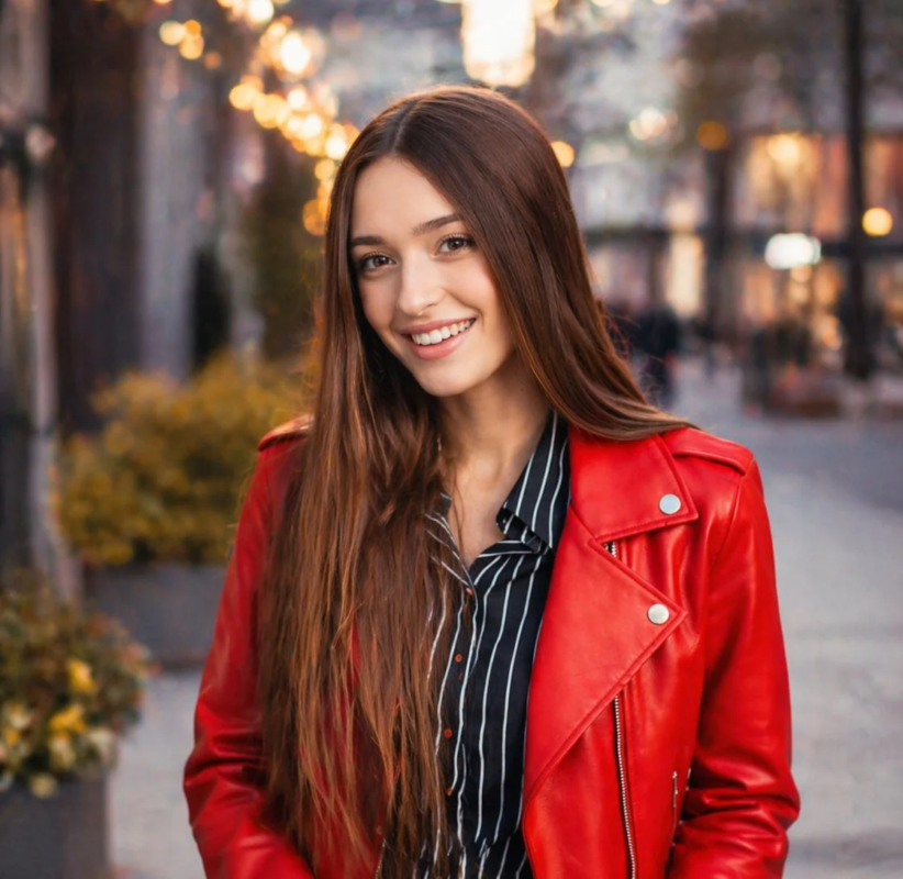 赤いレザージャケットとストライプシャツを着た若い女性が、笑顔でカメラを見つめているポートレート写真