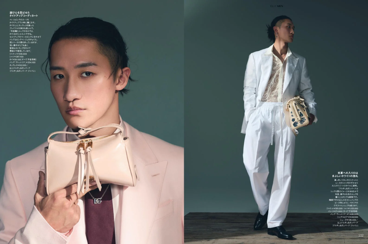 男性モデルがドルチェ&ガッバーナの最新ルックを披露。淡いピンクのスーツにタイドアップ、そして白のリネンジャケットで初夏のリゾートスタイルを提案。