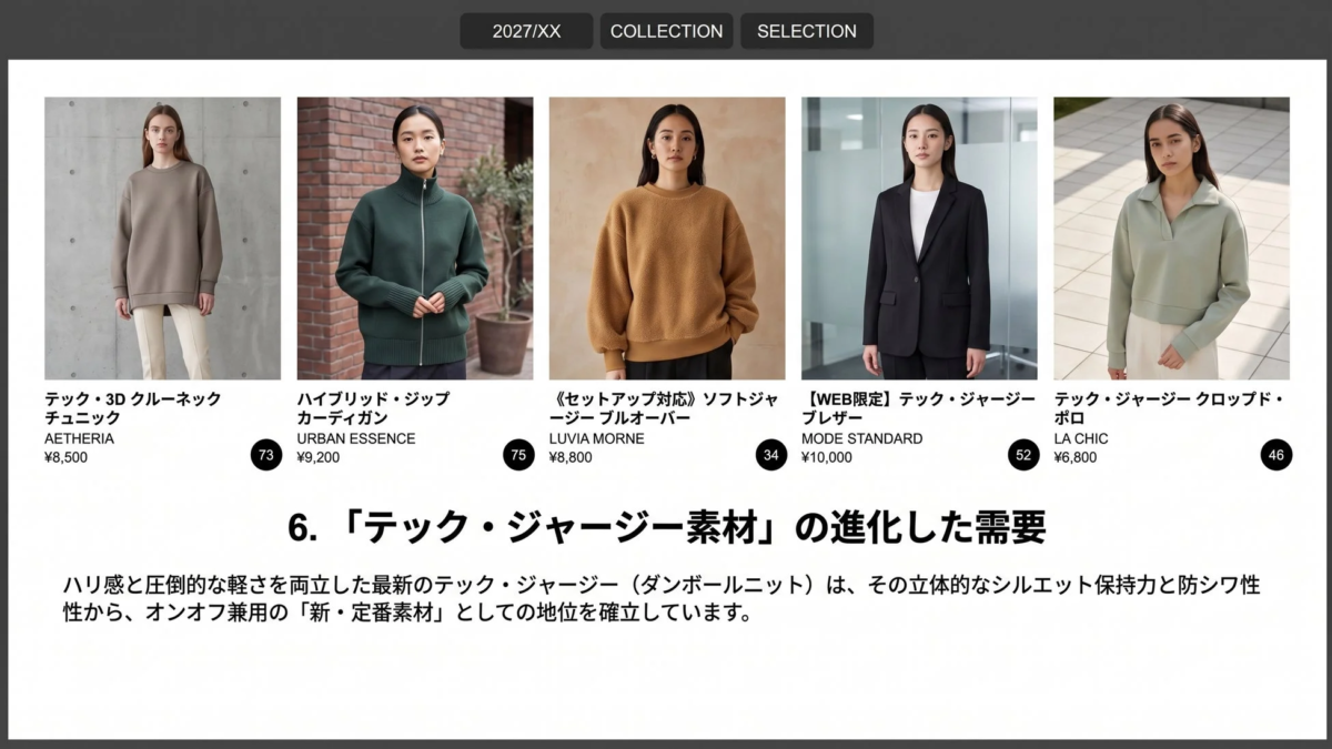 テック・ジャージー素材を用いたアパレル製品