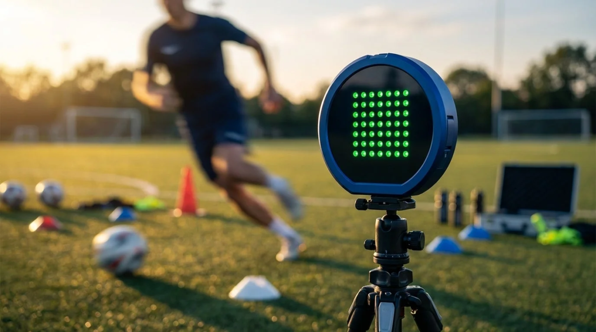 サッカーグラウンドで選手がトレーニングし、計測器が設置されている様子