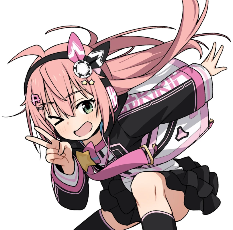 ピンクの髪と緑色の目を持つアニメスタイルの少女がピースサインをしている画像