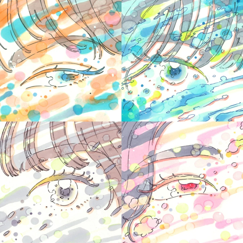 水彩画のようなタッチで描かれた4つの目のクローズアップイラスト。それぞれ異なる色彩と表現で、感情豊かな雰囲気を醸し出しています。