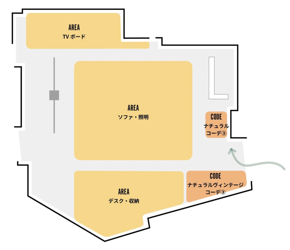 部屋の間取り図と各エリアの用途、そして二種類のインテリアコーディネートスタイル