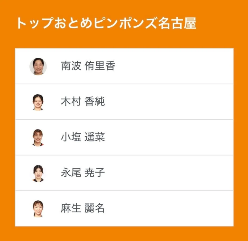 トップおとめピンポンズ名古屋 選手リスト