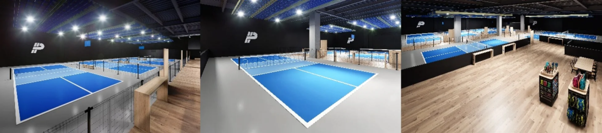 広々としたモダンな屋内スポーツ施設で、複数の青いコートが設置されており、明るい照明が特徴です。