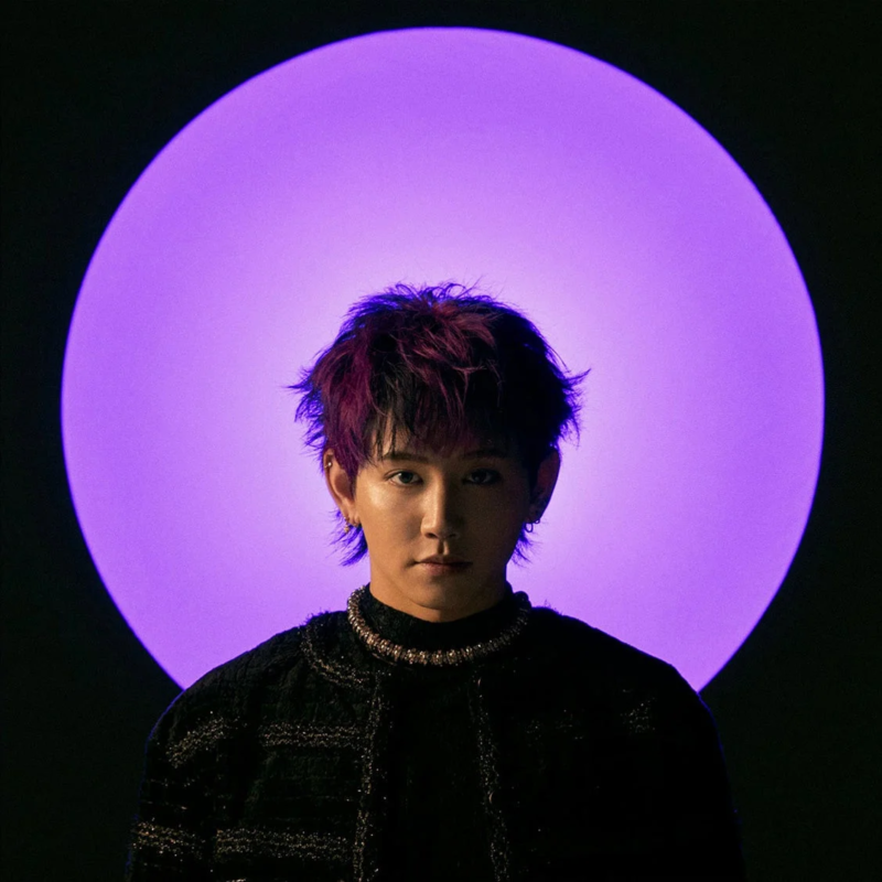 紫色のスパイキーヘアとピアスが特徴的な男性のポートレート