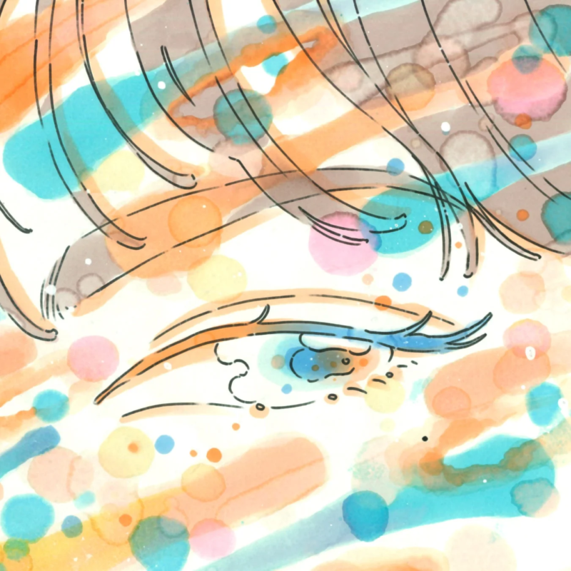 水彩画のようなカラフルな背景に、線画で描かれた女性の目が印象的なイラスト。髪が目元にかかり、幻想的でアートな雰囲気を醸し出しています。
