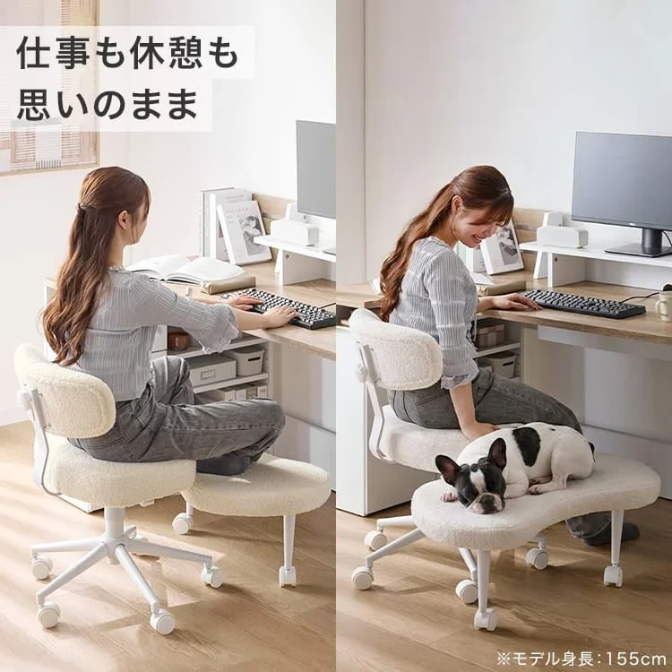 仕事と休憩の両方に対応する多機能なエルゴノミクスチェアの使用例を示す画像