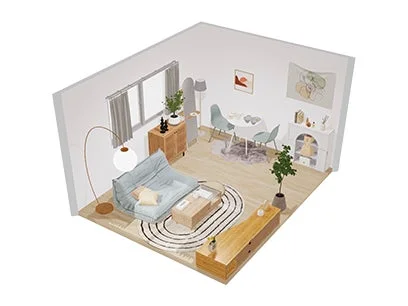 リビングとダイニングが一体となったモダンな部屋の3Dレンダリング