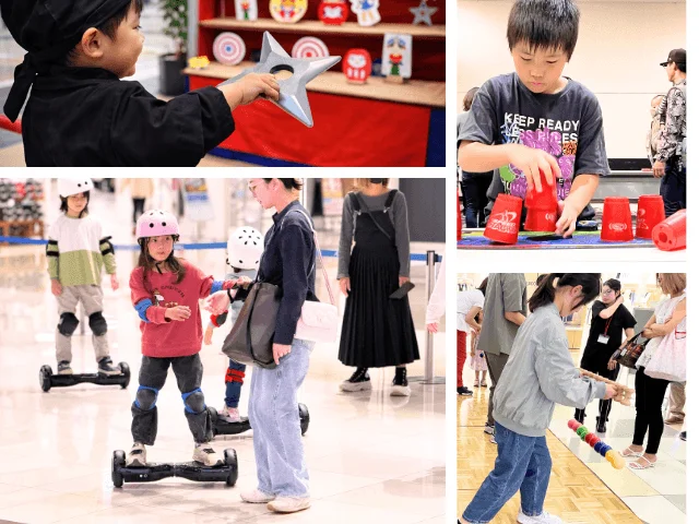 子どもたちが屋内イベントで多様な遊びに興じる様子