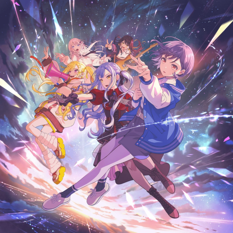 アニメ風の5人の少女たちが、星空と雲が広がる幻想的な背景の中、エネルギッシュなポーズで浮遊している様子が描かれています