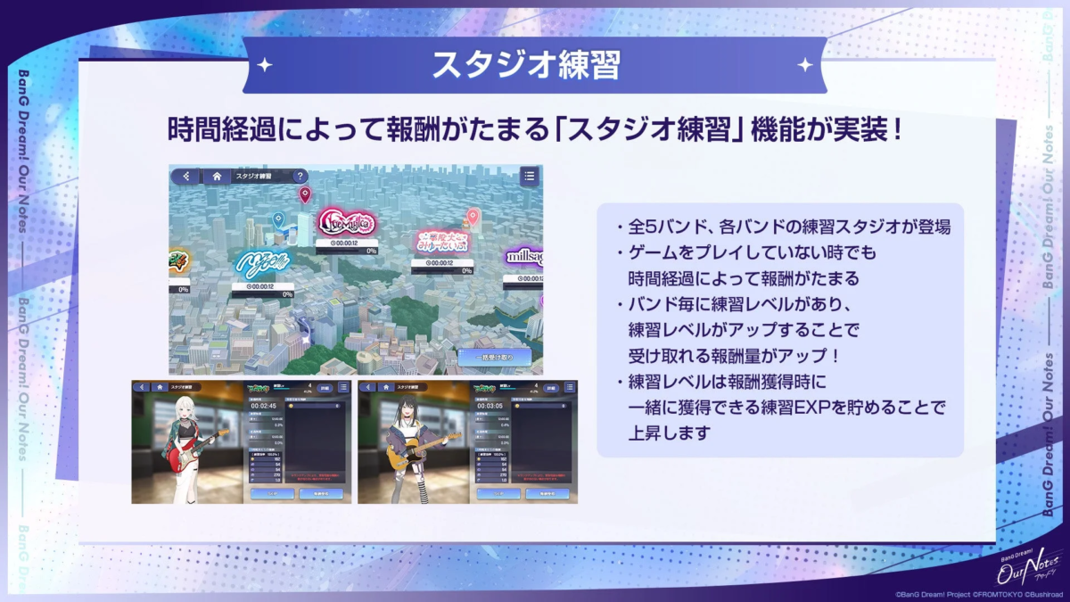 スマホゲーム「BanG Dream! Our Notes」の新機能「スタジオ練習」を紹介するスライド