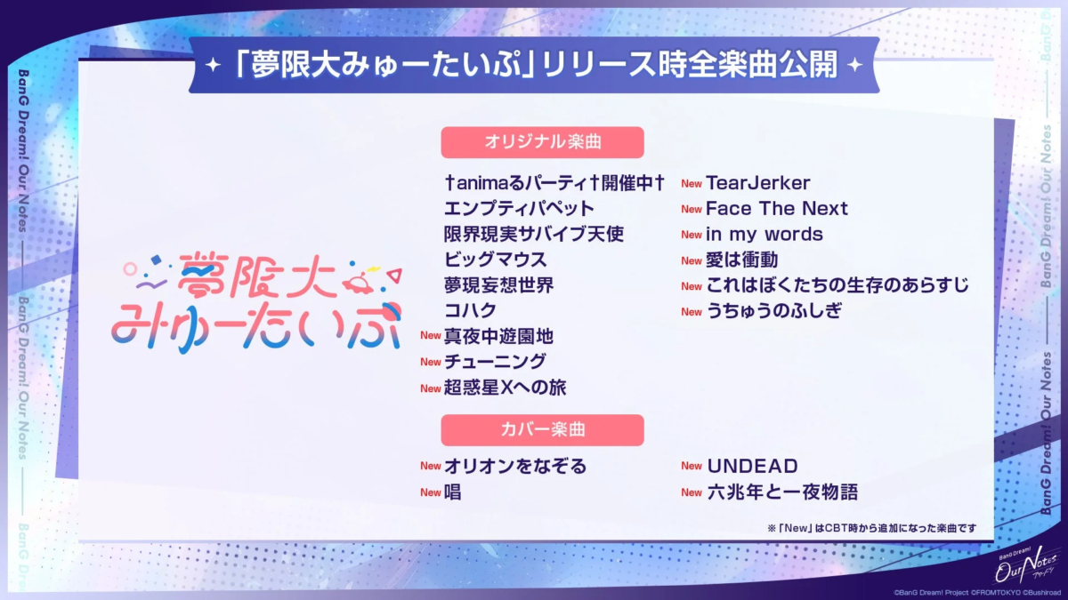 「夢限大みゅーたいぷ」のリリース時に公開される全楽曲リスト