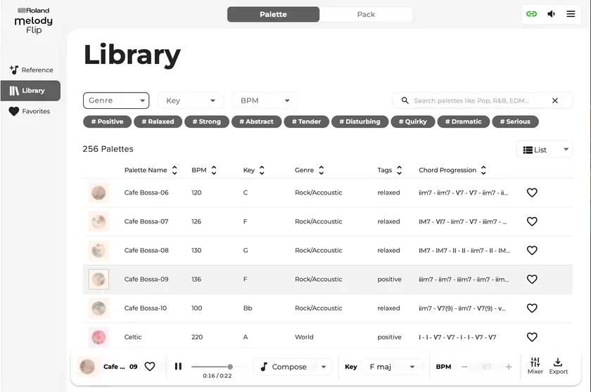 『Melody Flip』「Library」画面イメージ。約250種類の「Palette」を収録