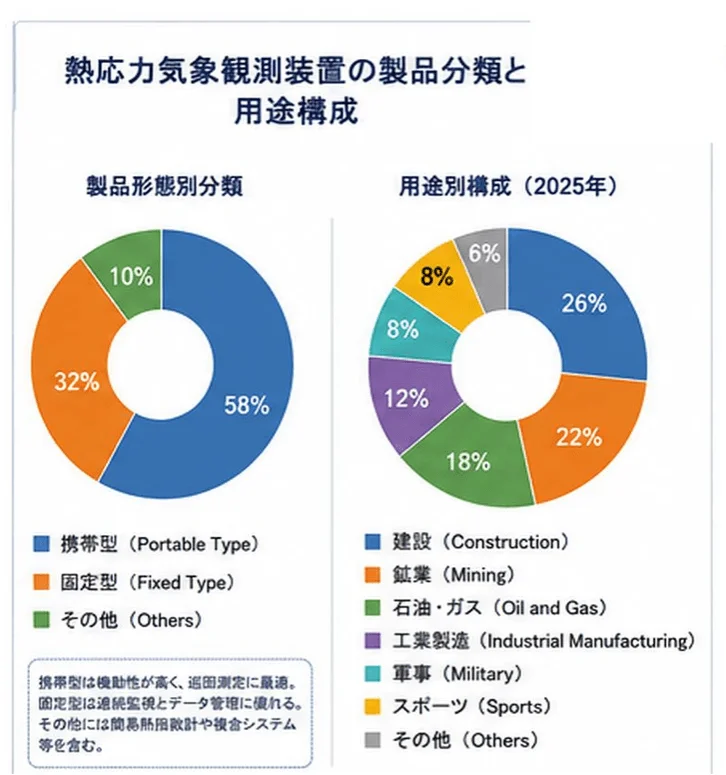 熱応力気象観測装置の製品分類と2025年における用途構成を示す円グラフ