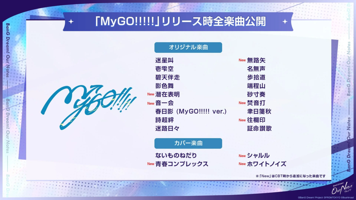 バンド「MyGO!!!!!!」のリリース時に公開された全楽曲リスト