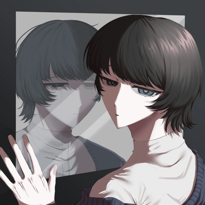鏡に映る自分を見つめるショートヘアの女性のイラスト